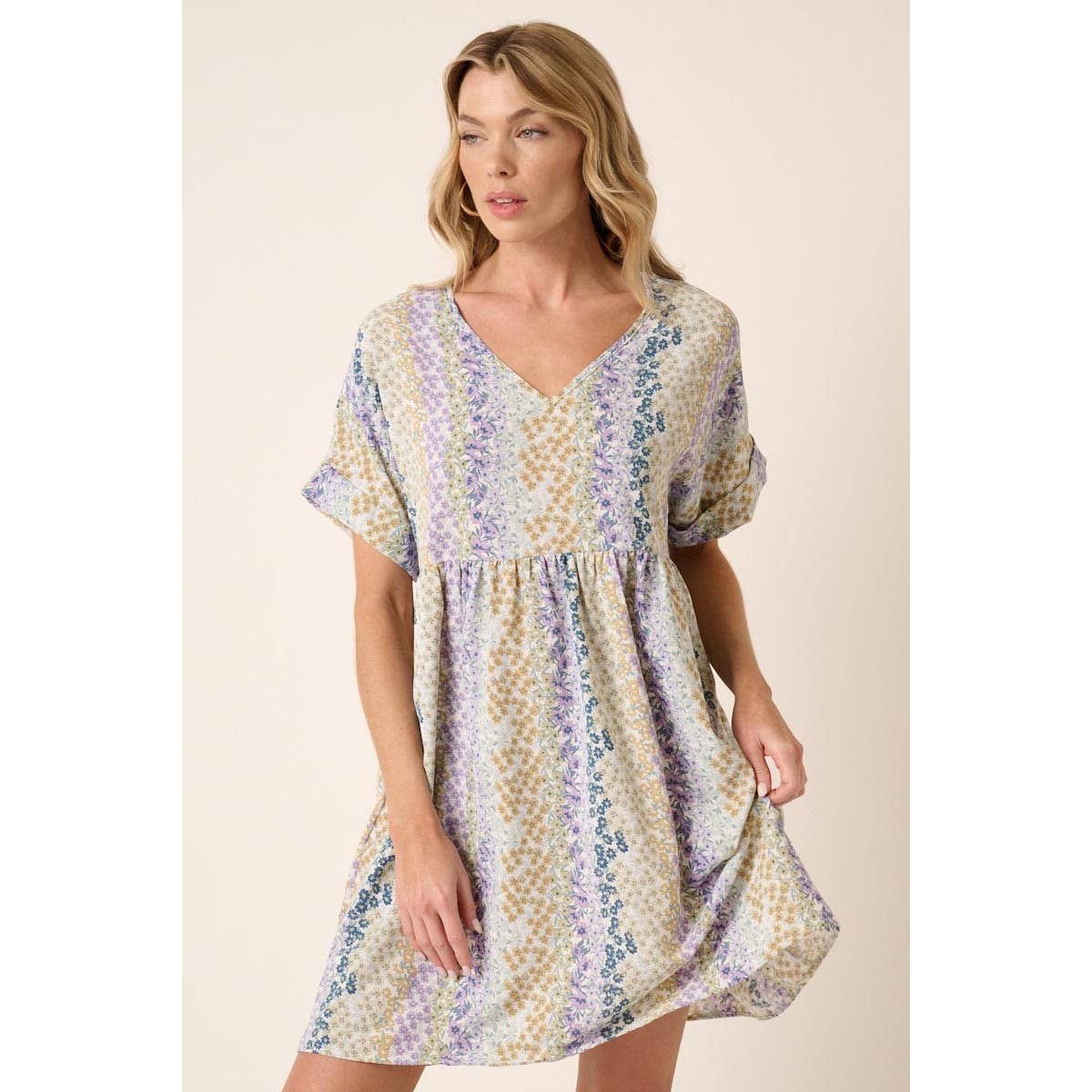FLOWER PRINT V-NECK BABYDOLL DRESS