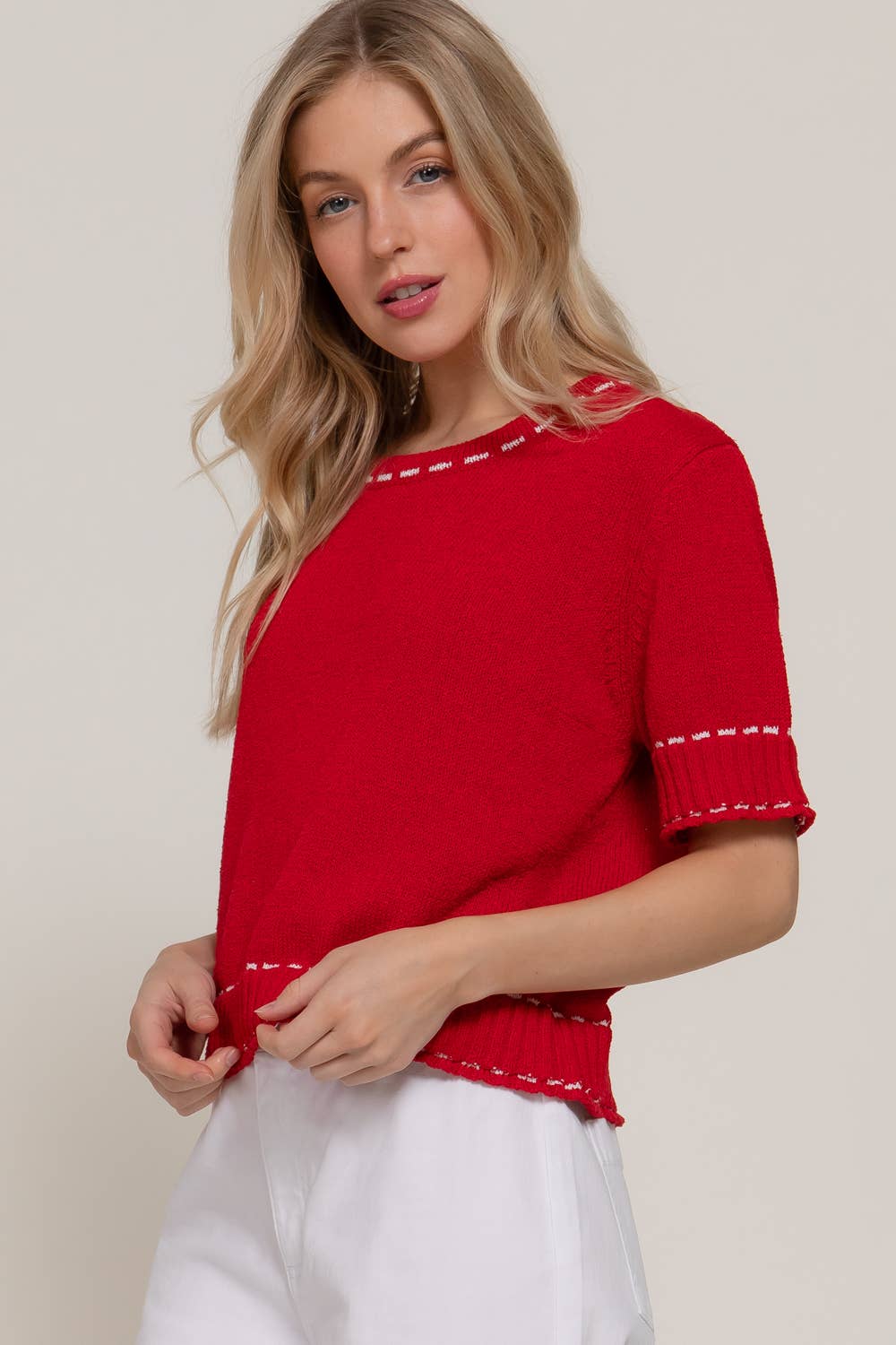 Short Sleeve Red/Wht Sweater