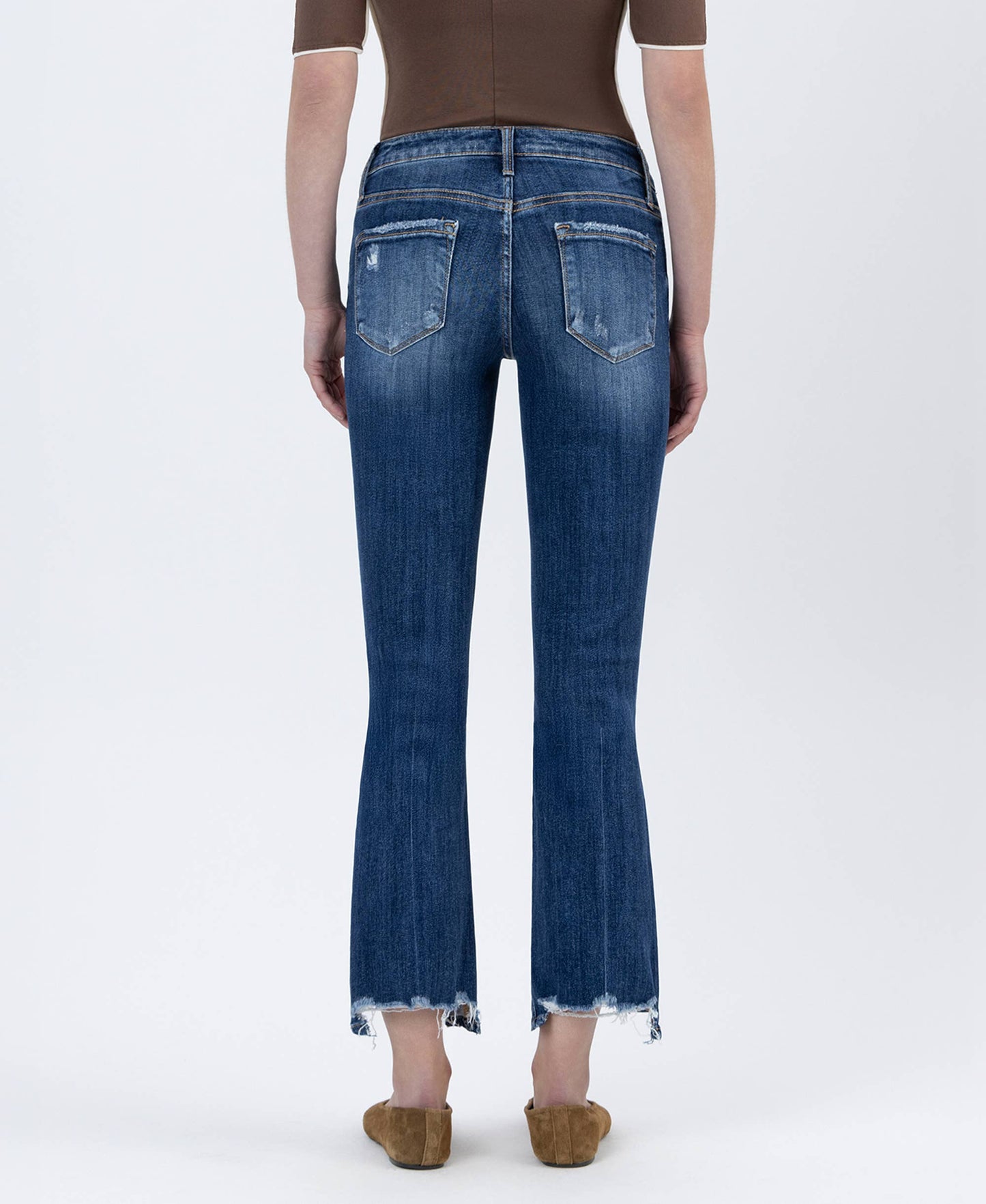LV1163: MID-RISE DESTROYED HEM CROP KICK FLARE JEANS
