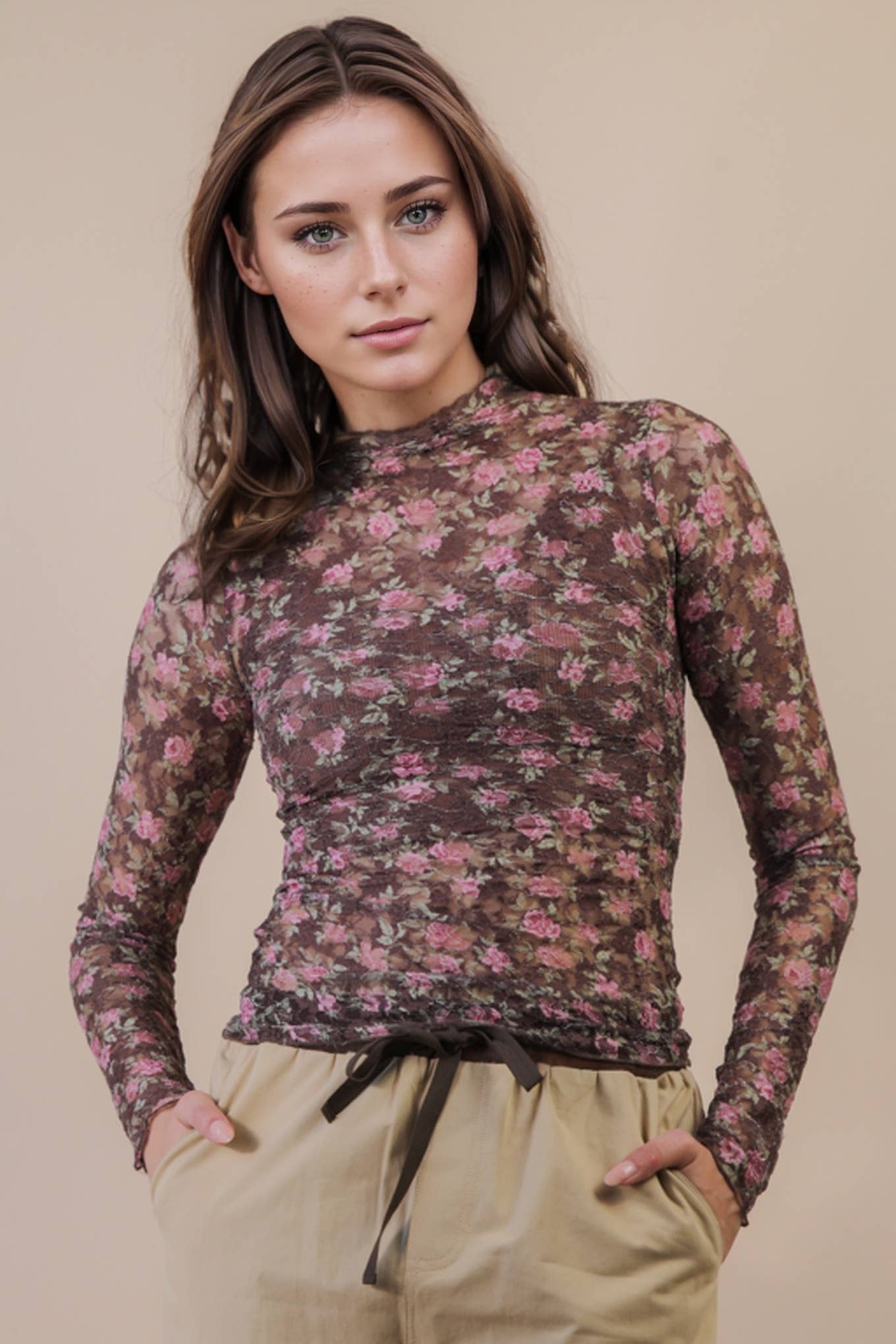 Fitted Sheer Mesh Lace Knit Top: CHAMPAGNE