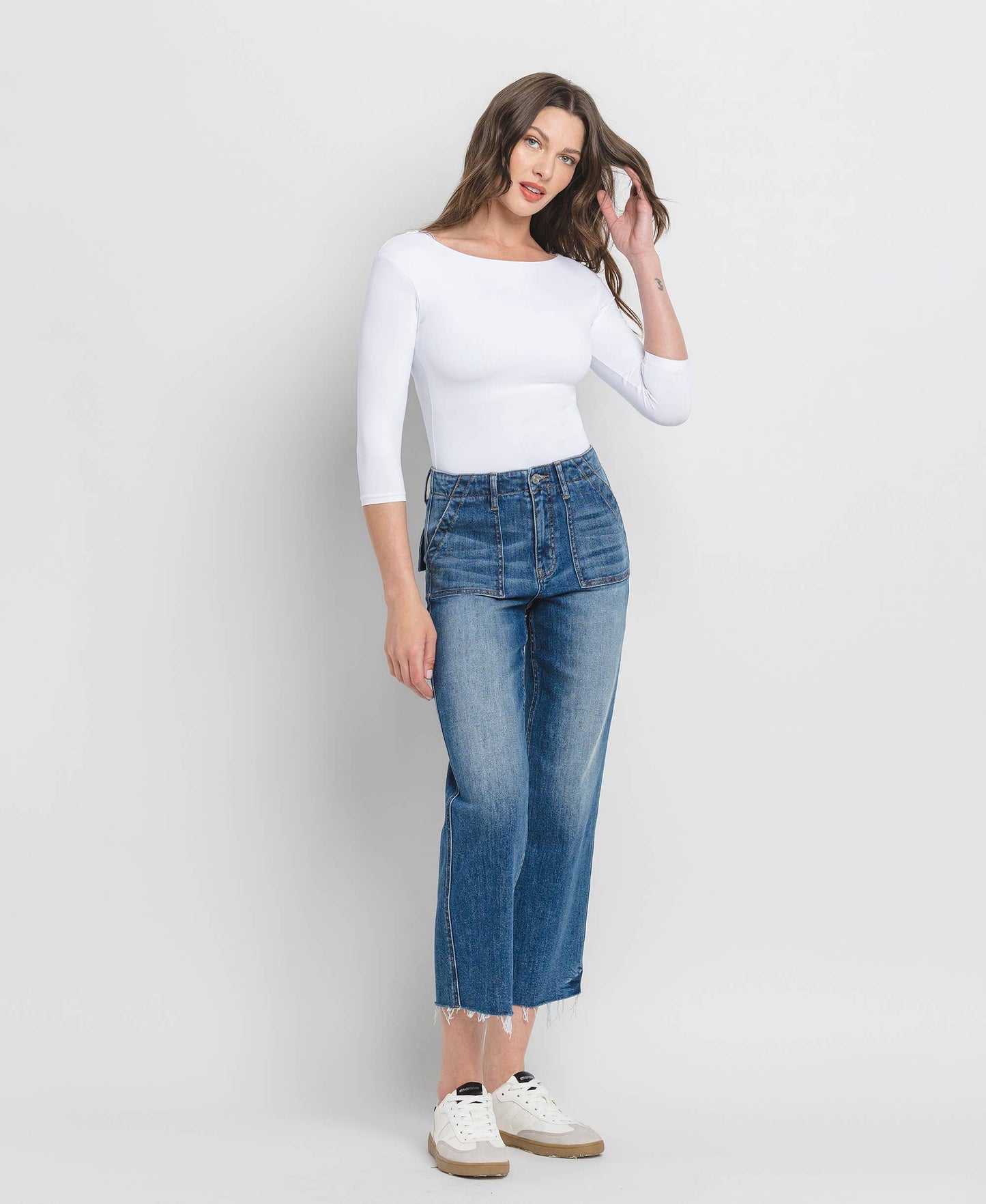 LV1355: HIGH RISE CROP UTILITY POCKET STRAIGHT JEANS