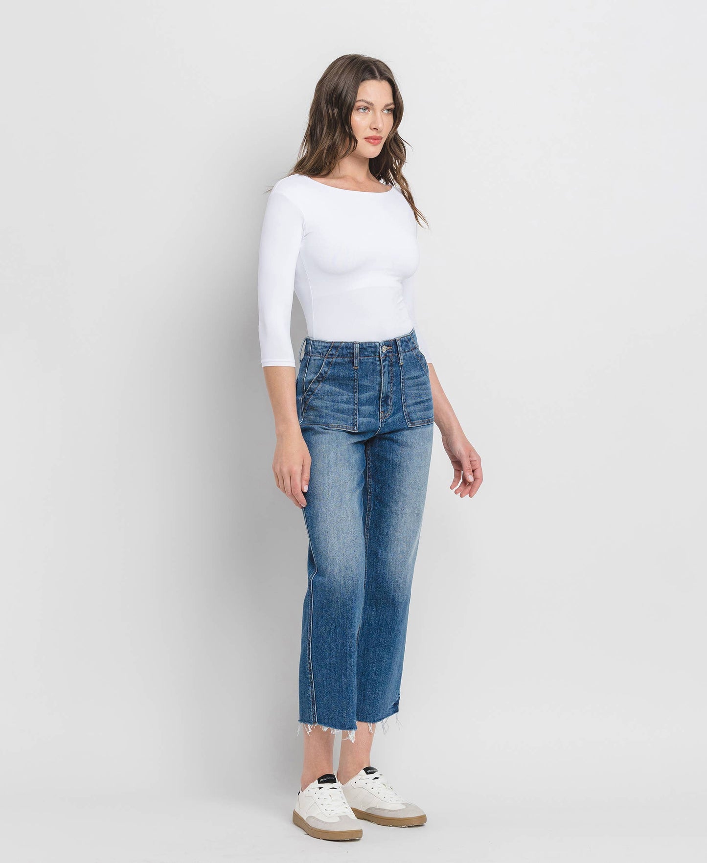 LV1355: HIGH RISE CROP UTILITY POCKET STRAIGHT JEANS