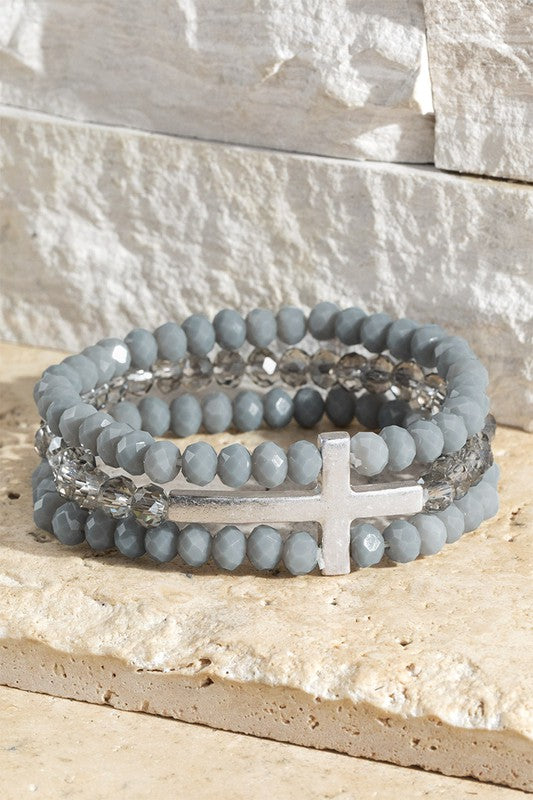 Layered Glass Bead Bracelet with Cross