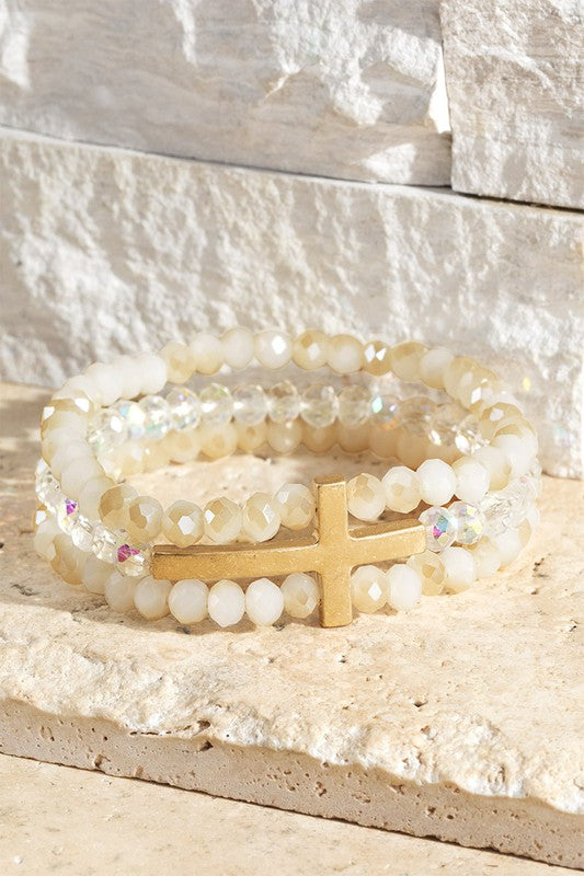 Layered Glass Bead Bracelet with Cross
