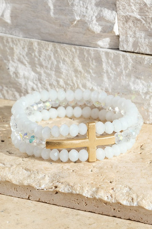 Layered Glass Bead Bracelet with Cross