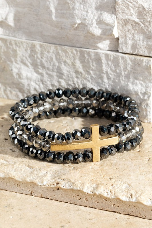 Layered Glass Bead Bracelet with Cross