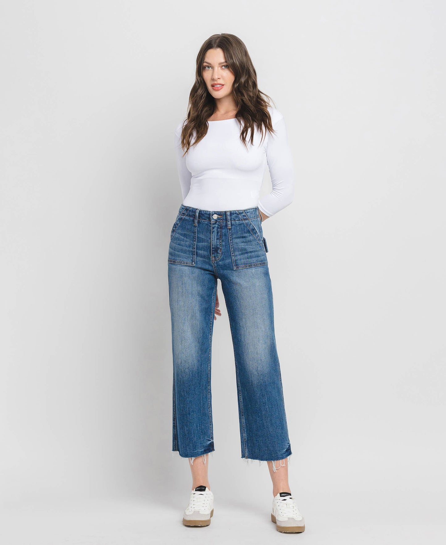 LV1355: HIGH RISE CROP UTILITY POCKET STRAIGHT JEANS