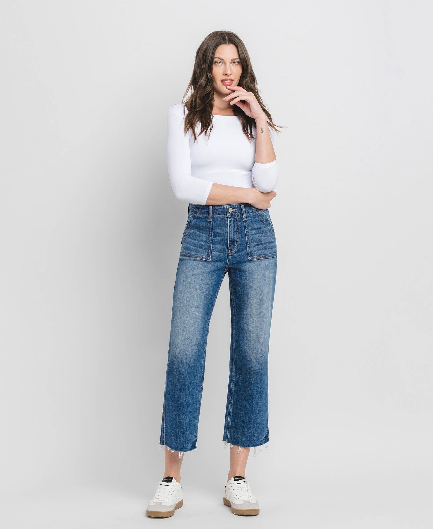 LV1355: HIGH RISE CROP UTILITY POCKET STRAIGHT JEANS
