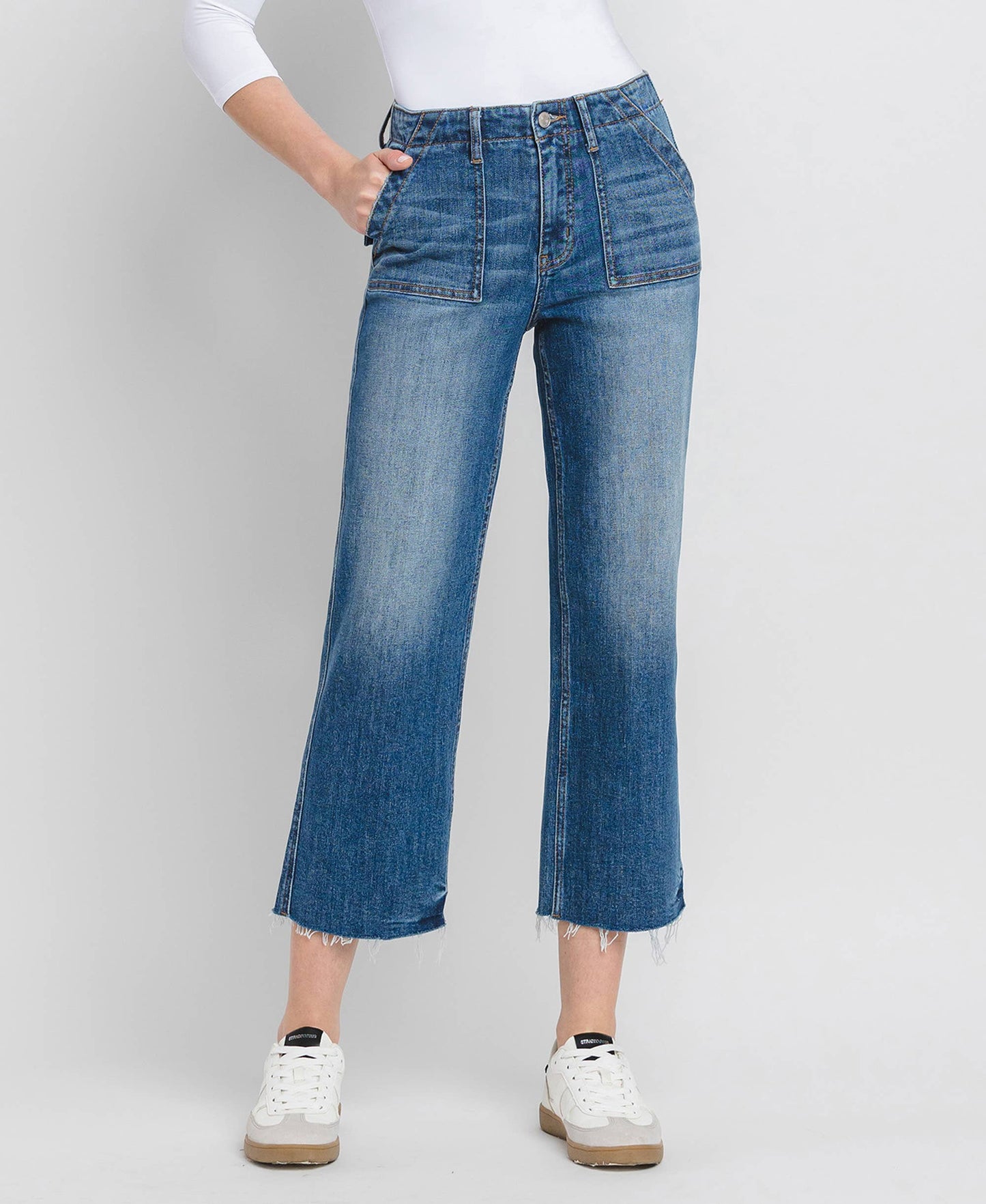 LV1355: HIGH RISE CROP UTILITY POCKET STRAIGHT JEANS