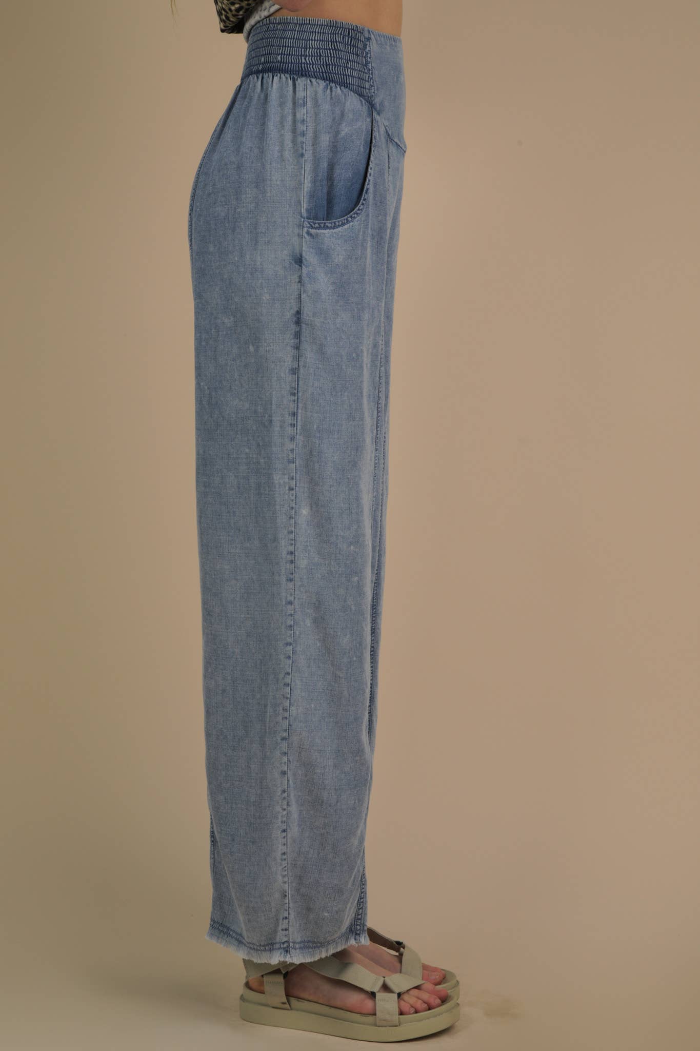 Smock Waist Washed Chambray Wide Pants