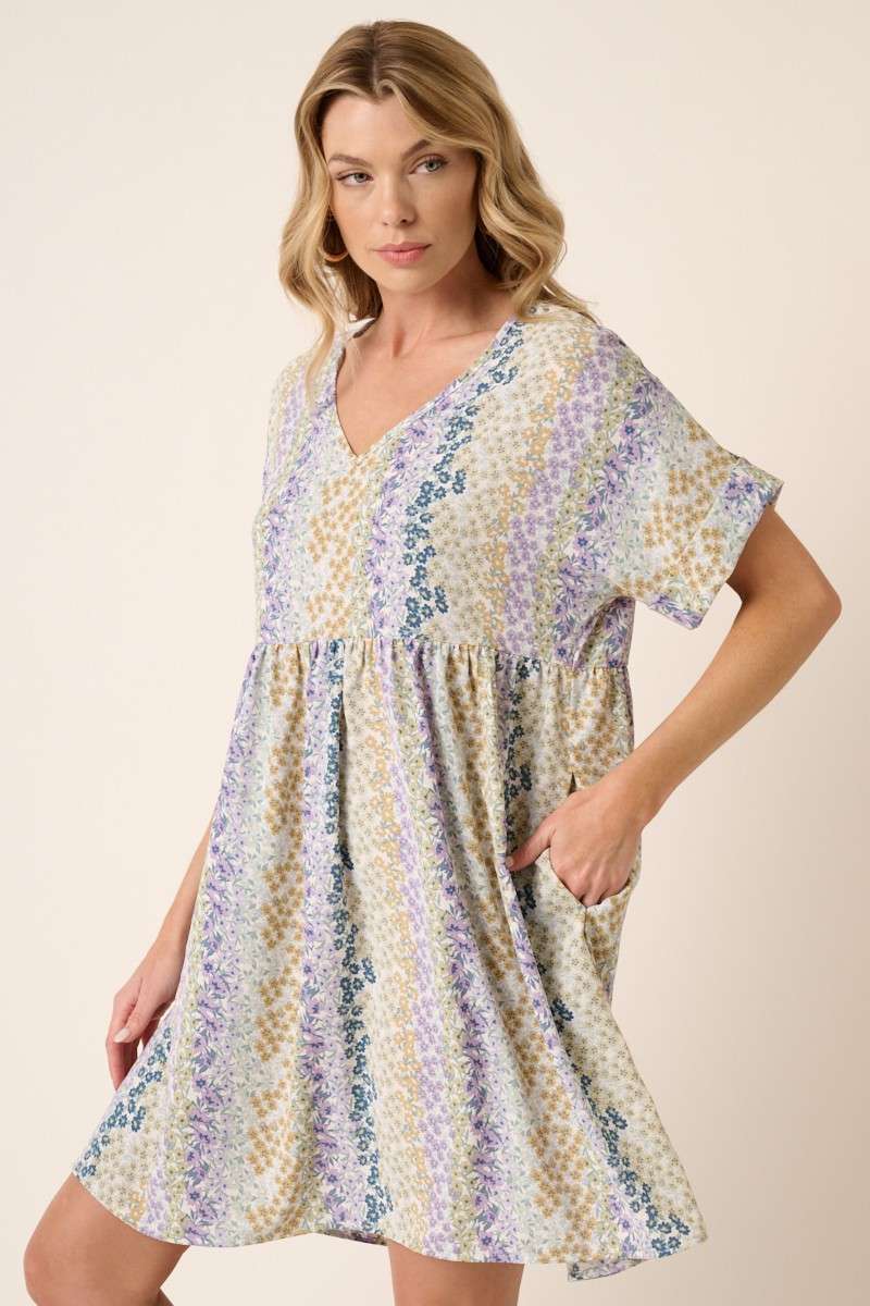 FLOWER PRINT V-NECK BABYDOLL DRESS