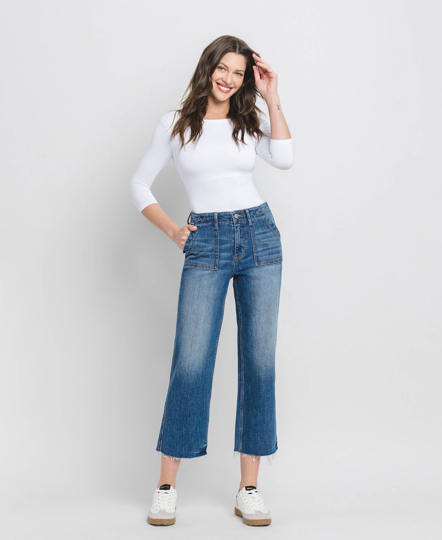 LV1355: HIGH RISE CROP UTILITY POCKET STRAIGHT JEANS