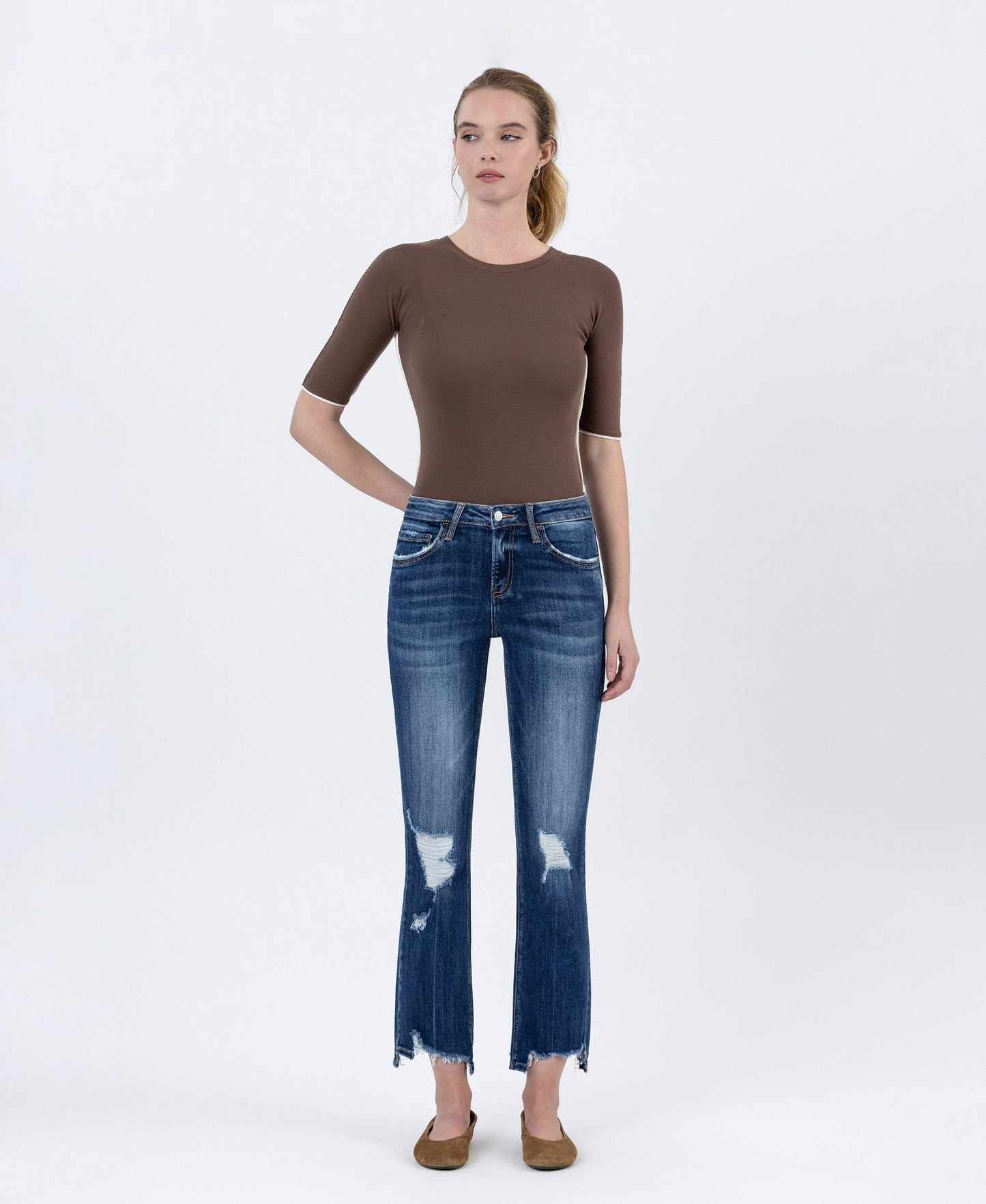 LV1163: MID-RISE DESTROYED HEM CROP KICK FLARE JEANS