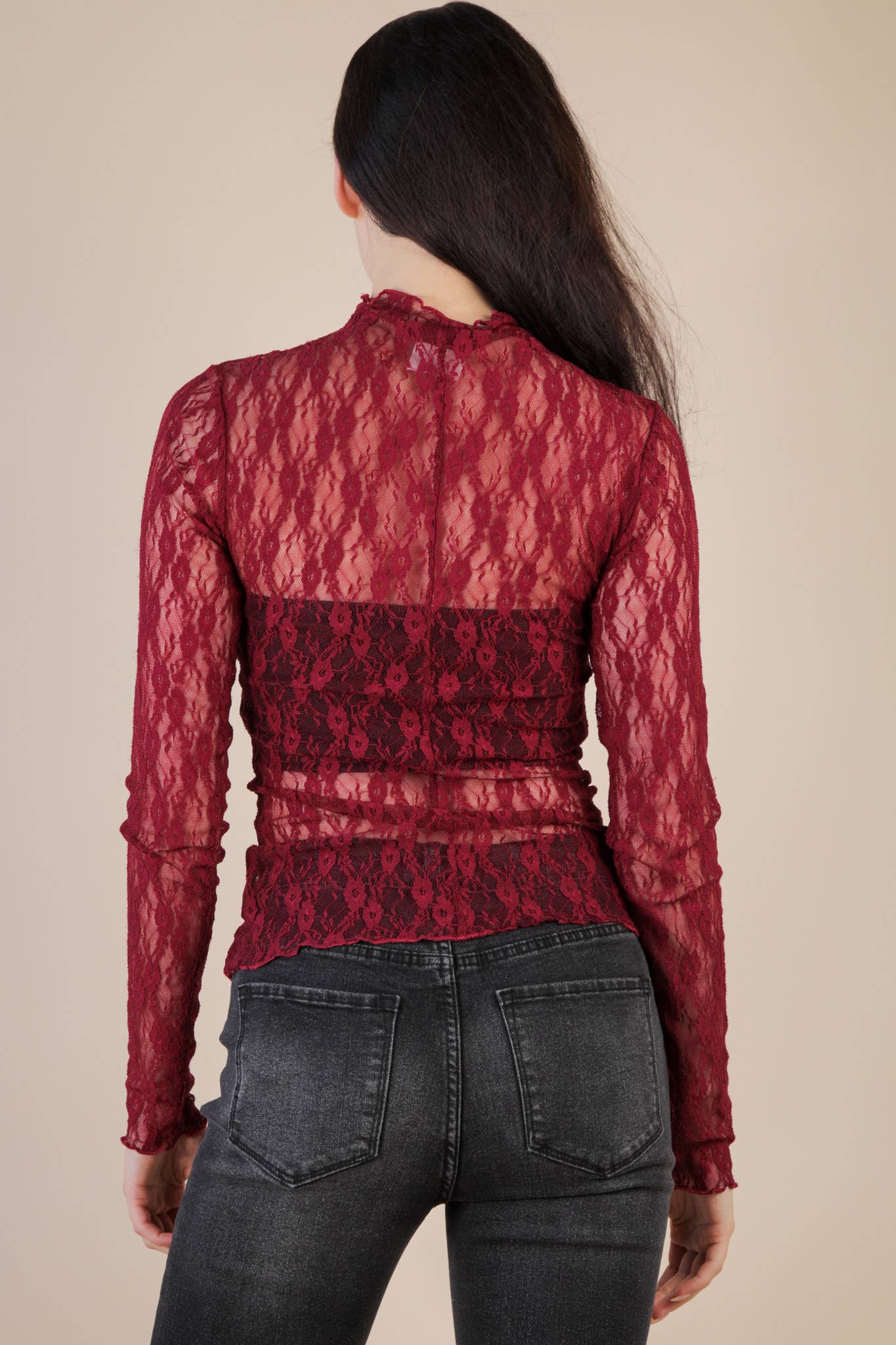 Fitted Sheer Mesh Lace Knit Top: CHAMPAGNE