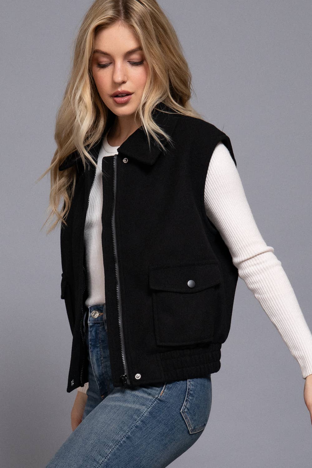 Notched Collar Zip Up Vest