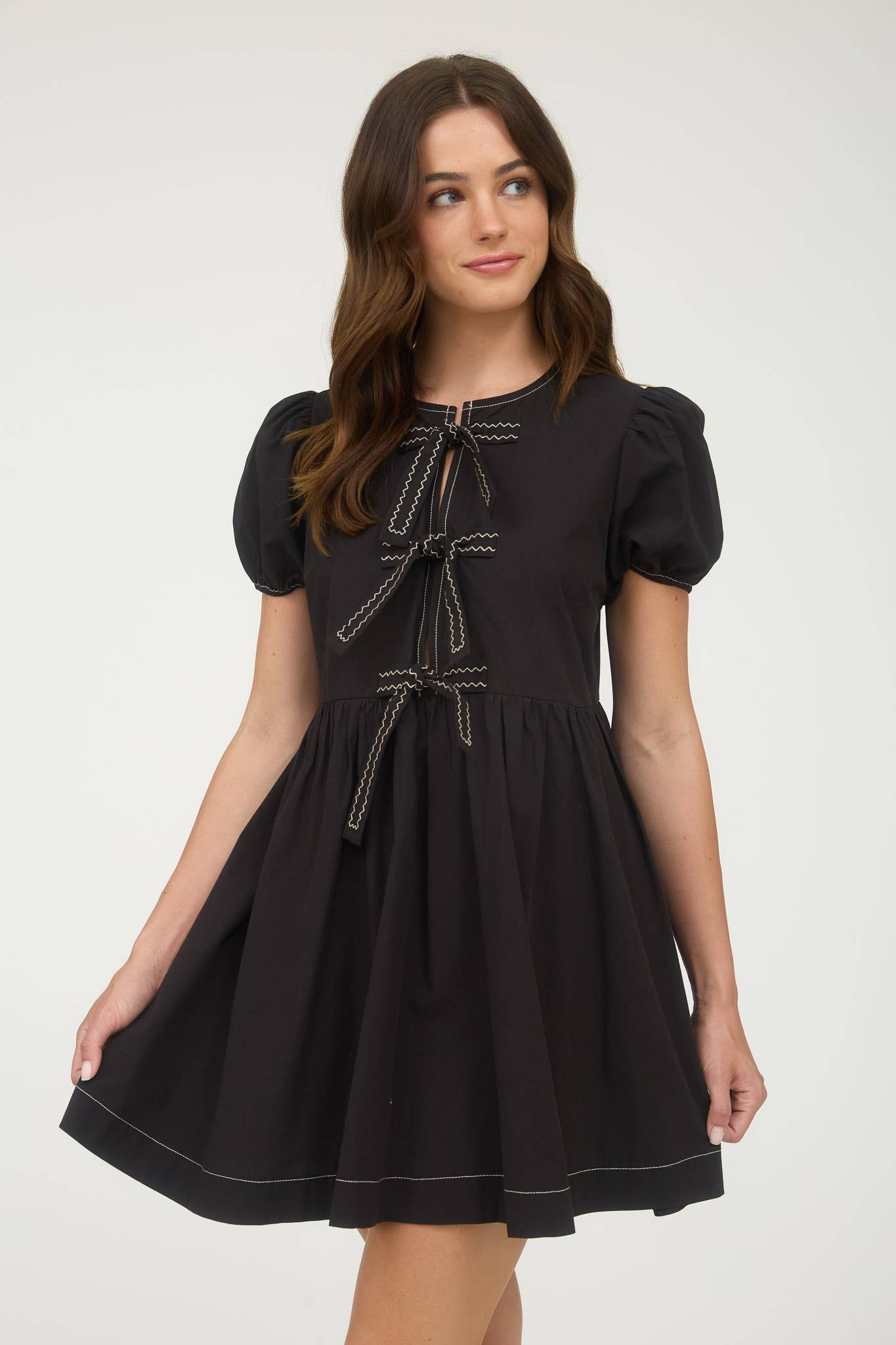 FRONT TIE PUFF SLEEVE BABYDOLL DRESS
