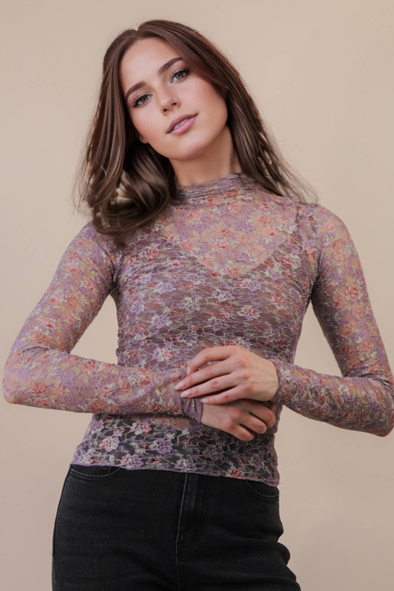 Fitted Sheer Mesh Lace Knit Top: CHAMPAGNE