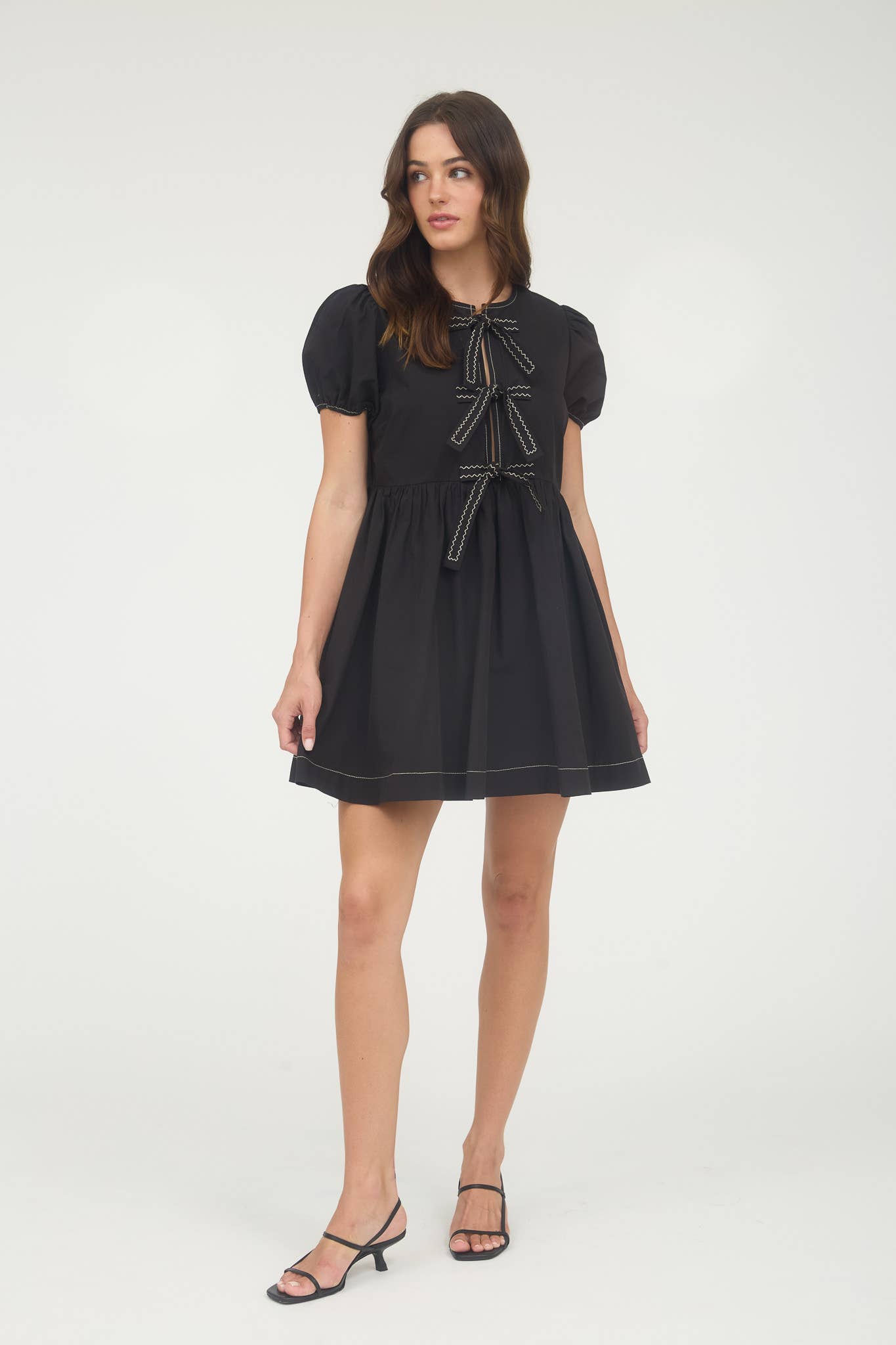 FRONT TIE PUFF SLEEVE BABYDOLL DRESS