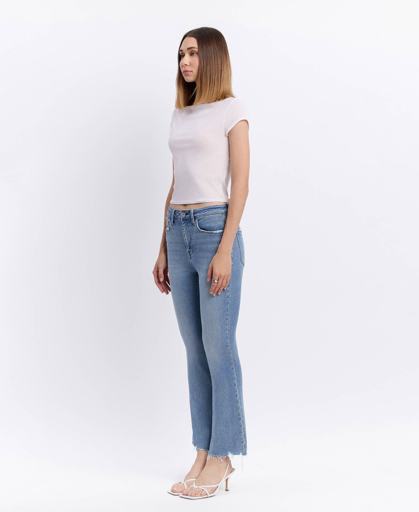 LV1709: HIGH RISE RAW HEM KICK FLARE JEANS