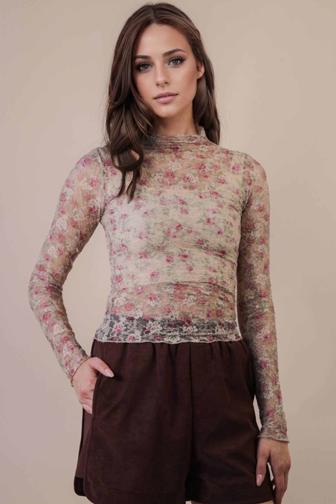 Fitted Sheer Mesh Lace Knit Top: CHAMPAGNE