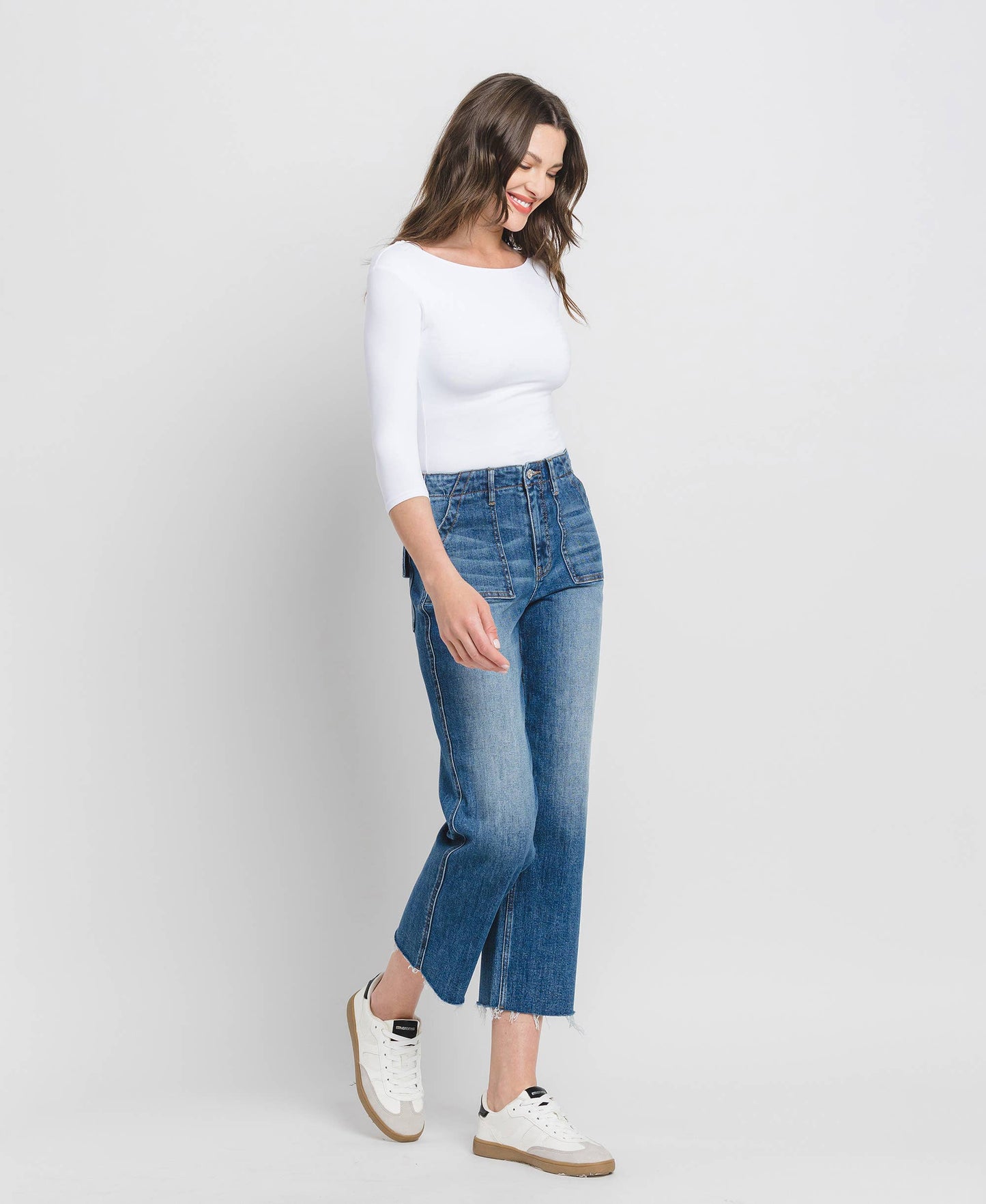 LV1355: HIGH RISE CROP UTILITY POCKET STRAIGHT JEANS