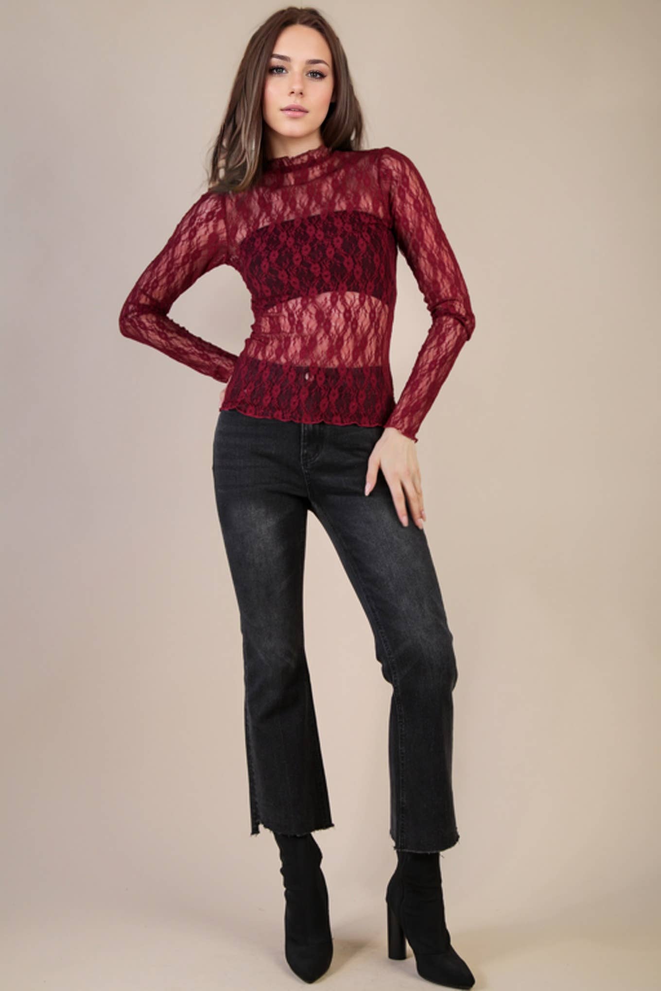 Fitted Sheer Mesh Lace Knit Top: CHAMPAGNE