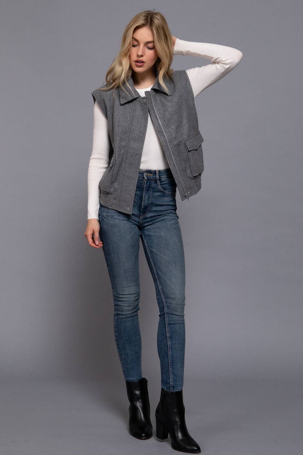 Notched Collar Zip Up Vest