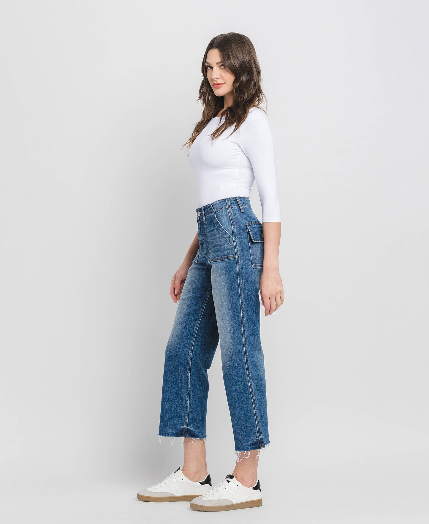 LV1355: HIGH RISE CROP UTILITY POCKET STRAIGHT JEANS