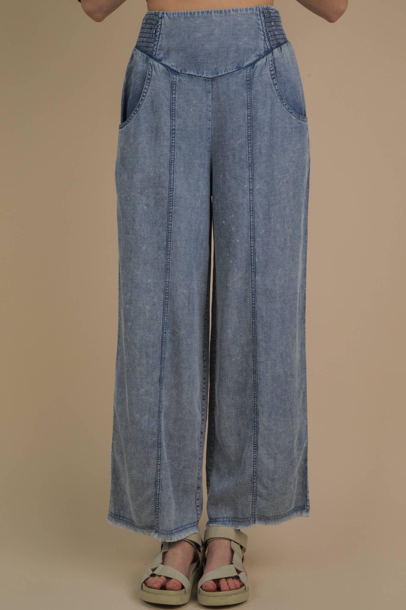Smock Waist Washed Chambray Wide Pants