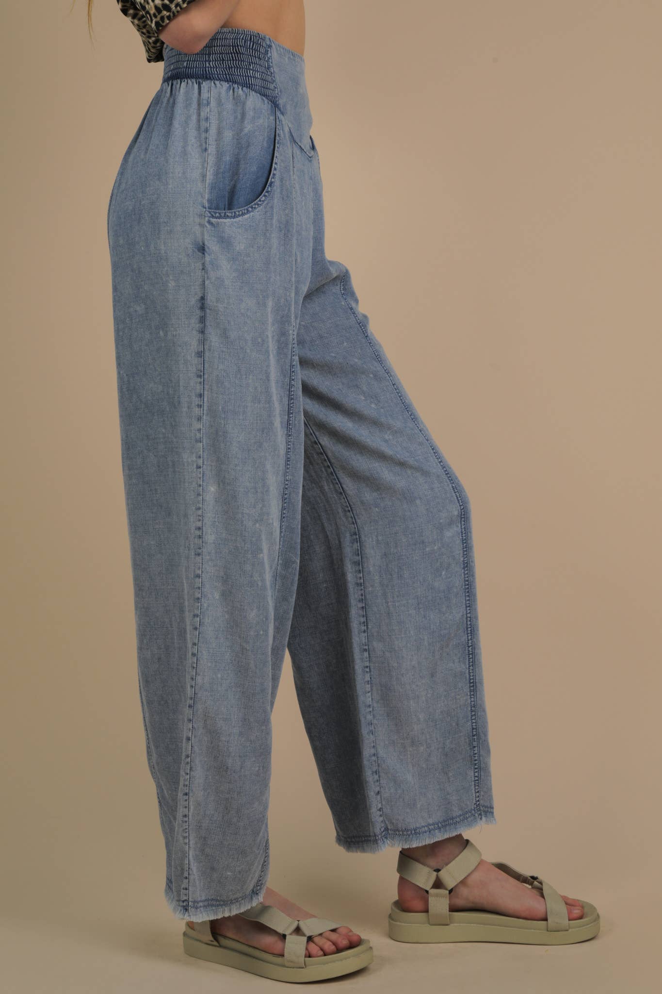 Smock Waist Washed Chambray Wide Pants