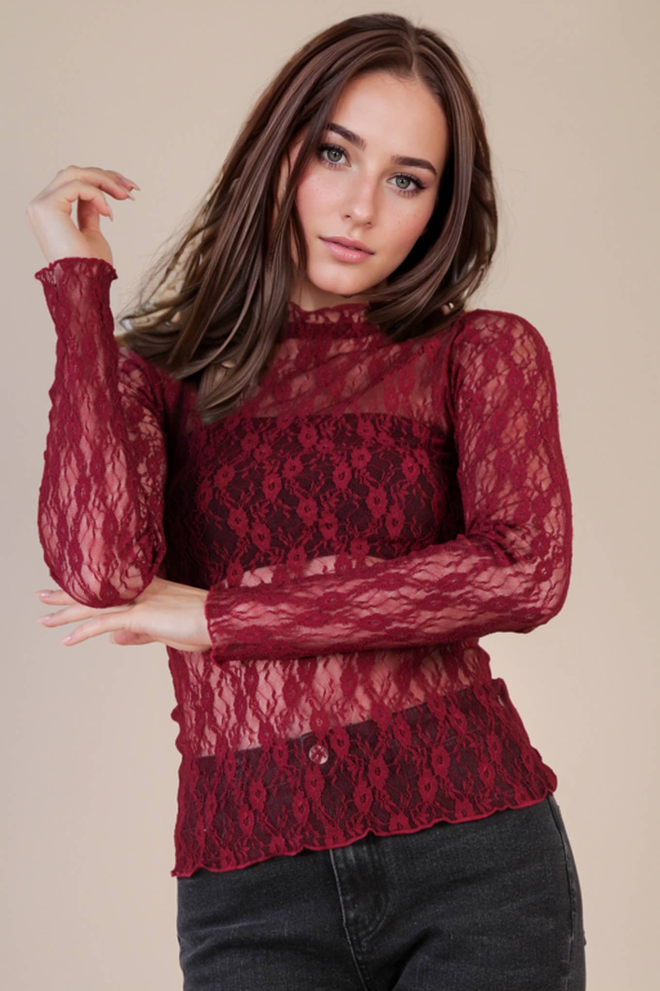 Fitted Sheer Mesh Lace Knit Top: CHAMPAGNE