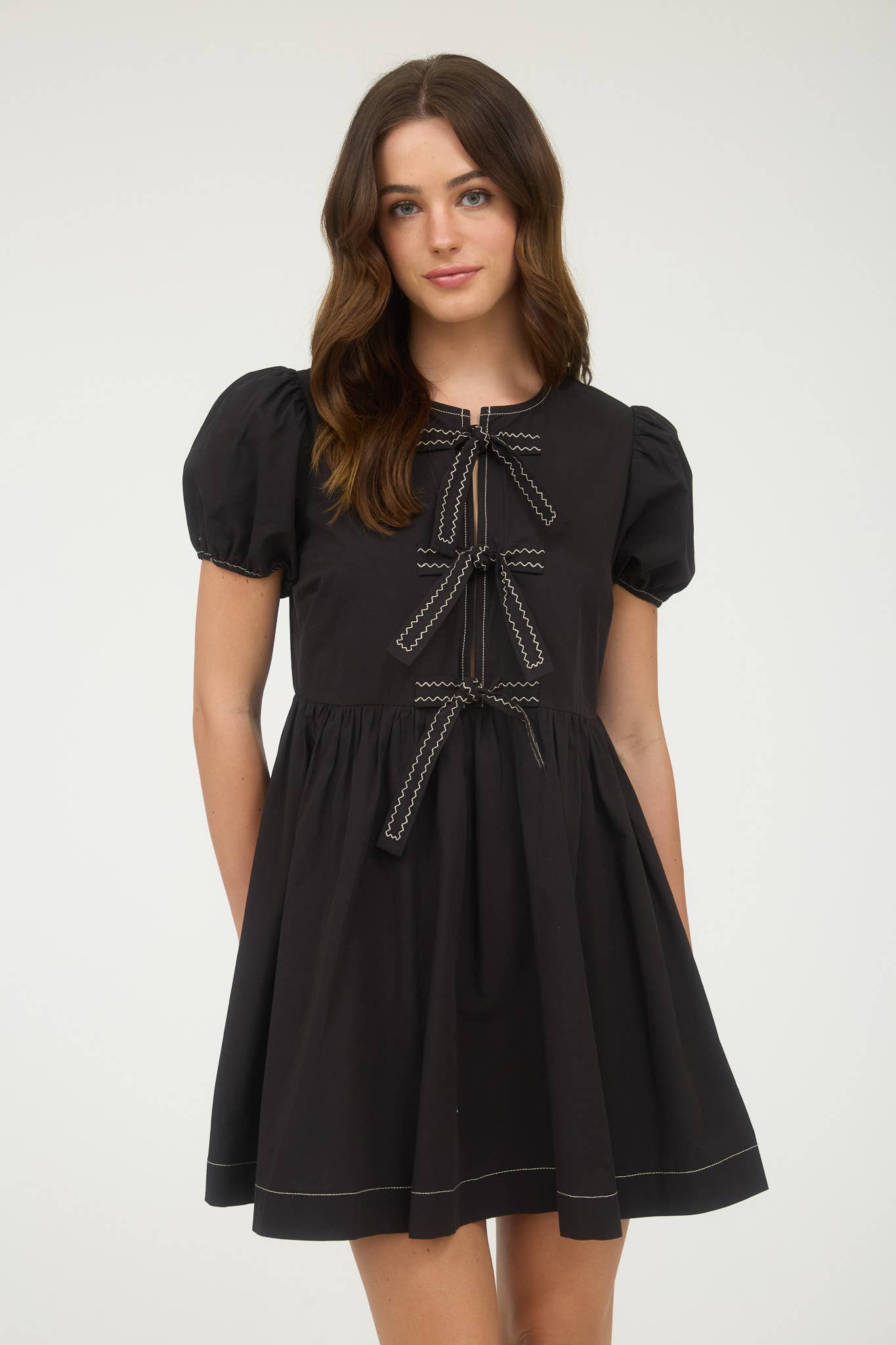 FRONT TIE PUFF SLEEVE BABYDOLL DRESS