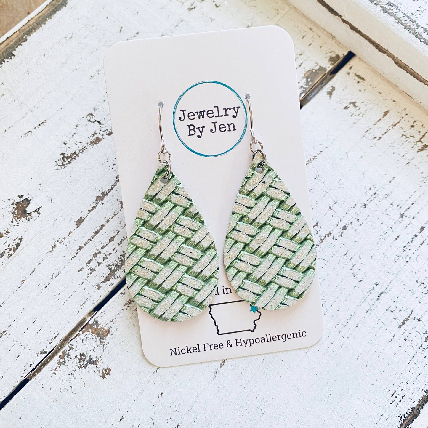 Medium Teardrop Earrings: Green Basketweave