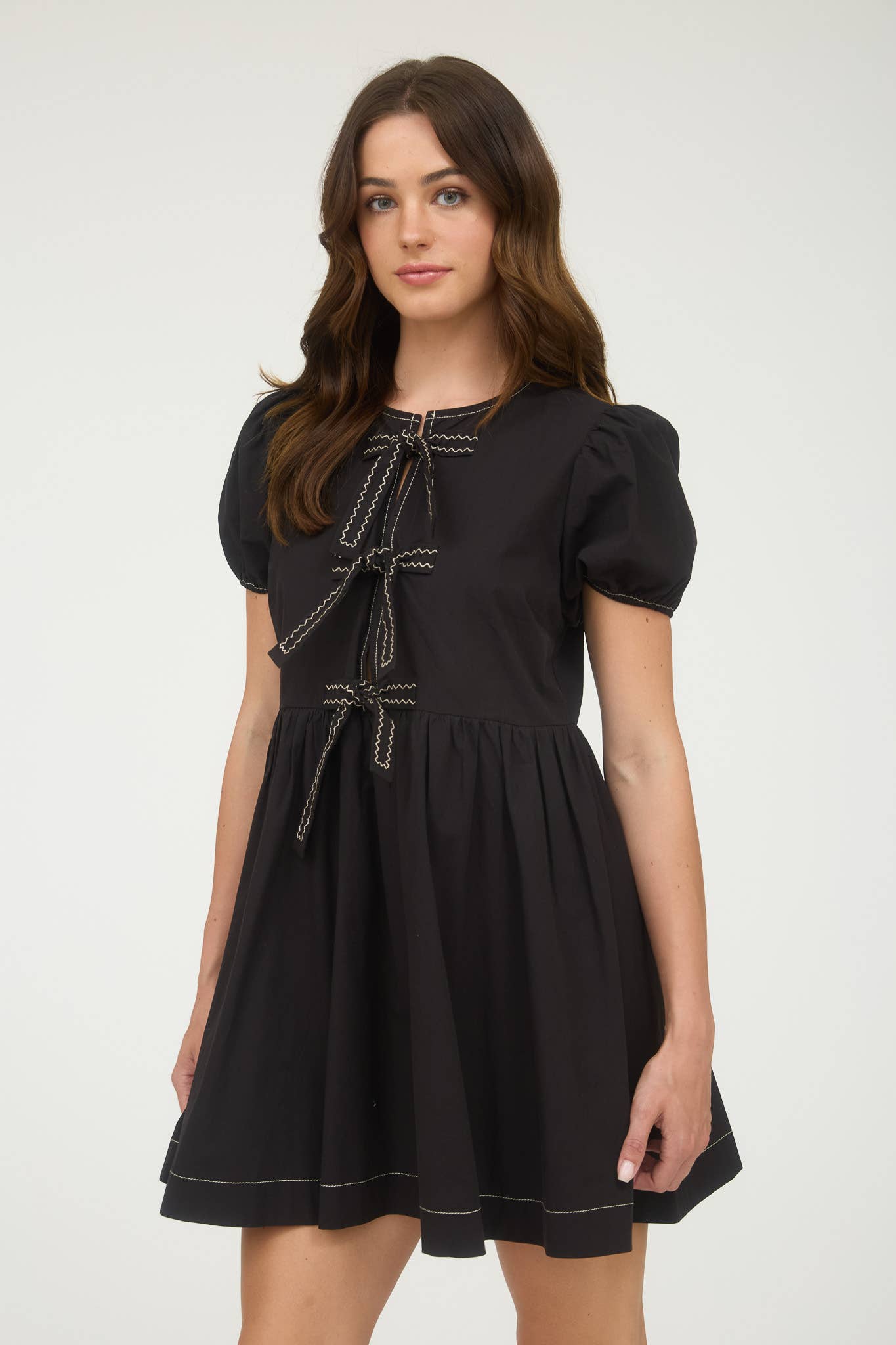 FRONT TIE PUFF SLEEVE BABYDOLL DRESS