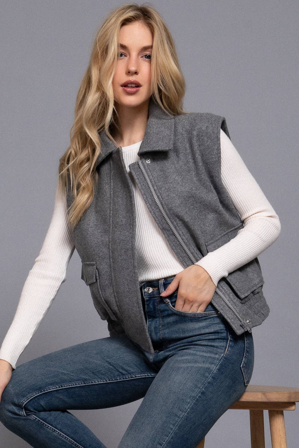 Notched Collar Zip Up Vest
