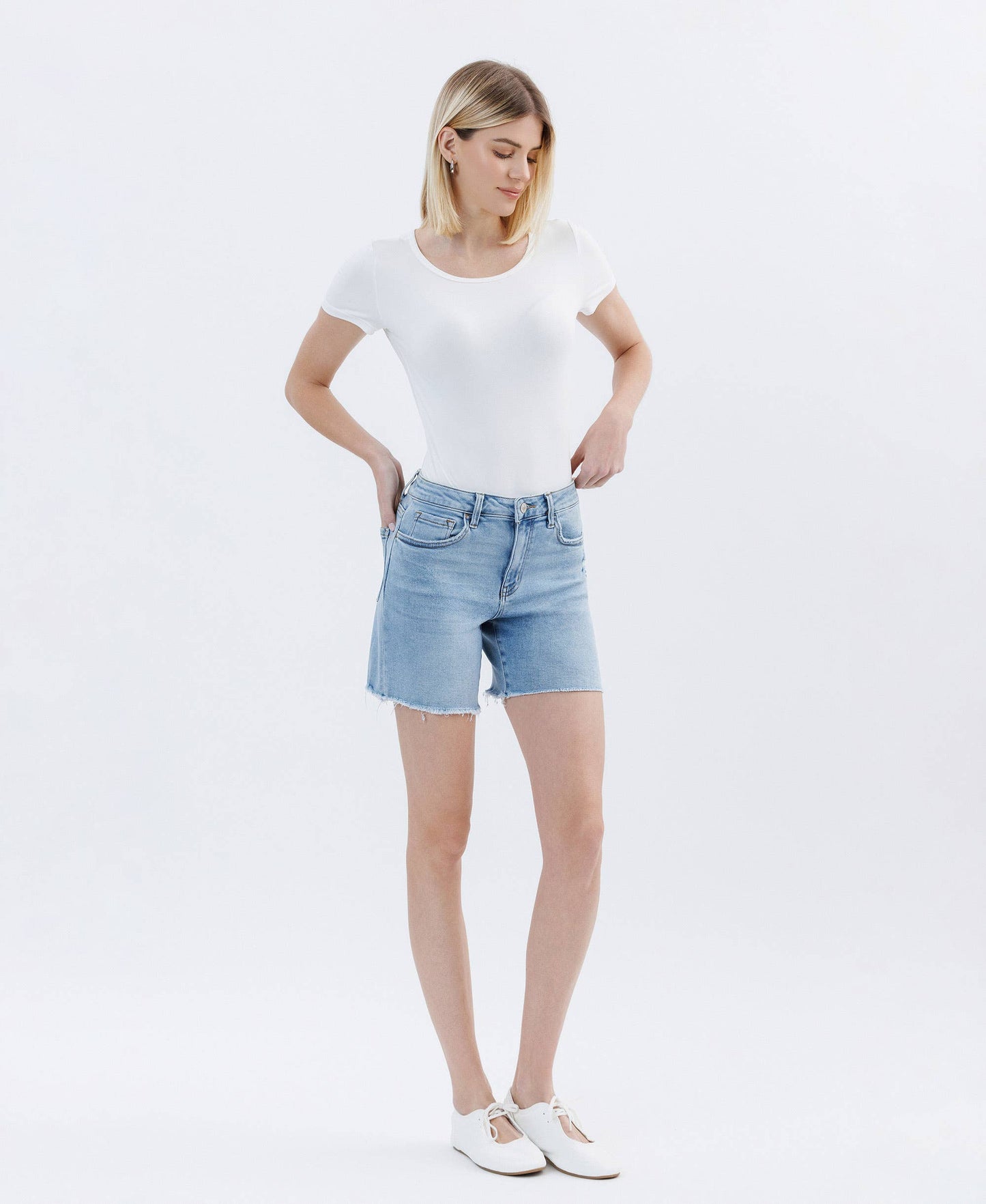 LV1726: HIGH RISE RAW HEM MIDI SHORTS