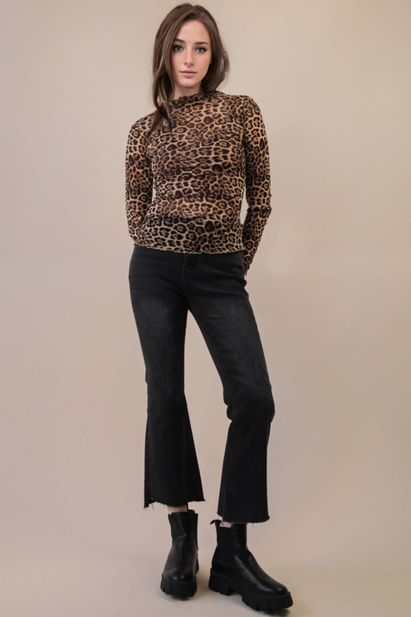 Fitted Sheer Mesh Lace Knit Top: CHAMPAGNE
