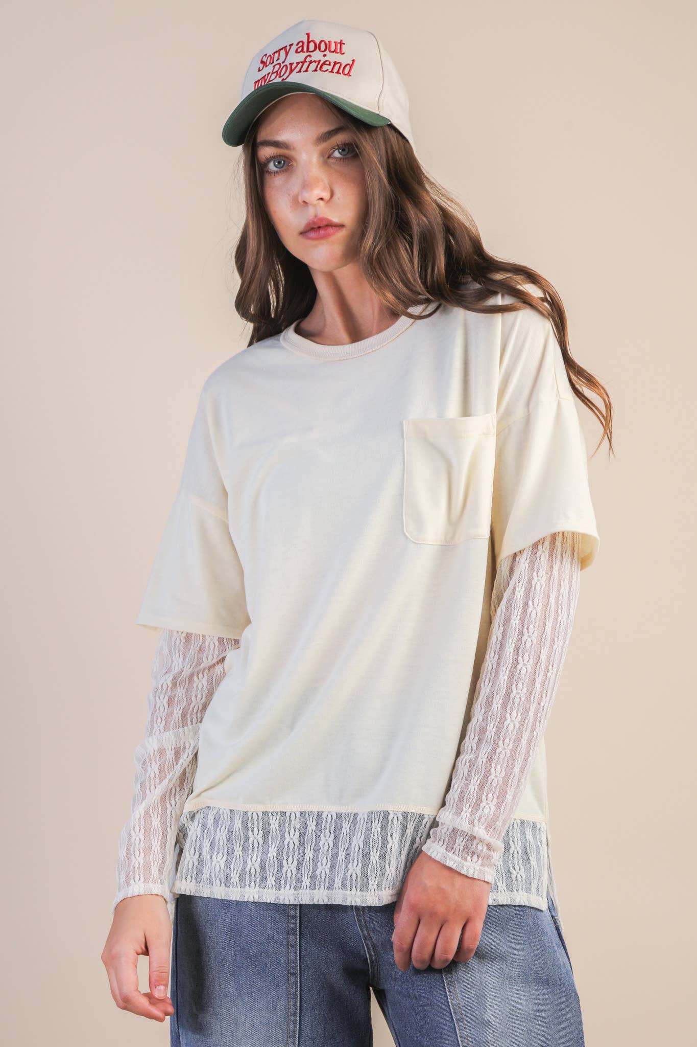 Lace sleeve pocket tee