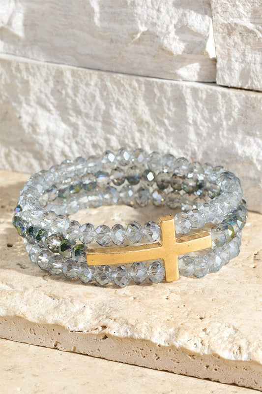 Layered Glass Bead Bracelet with Cross
