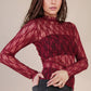 Fitted Sheer Mesh Lace Knit Top: CHAMPAGNE