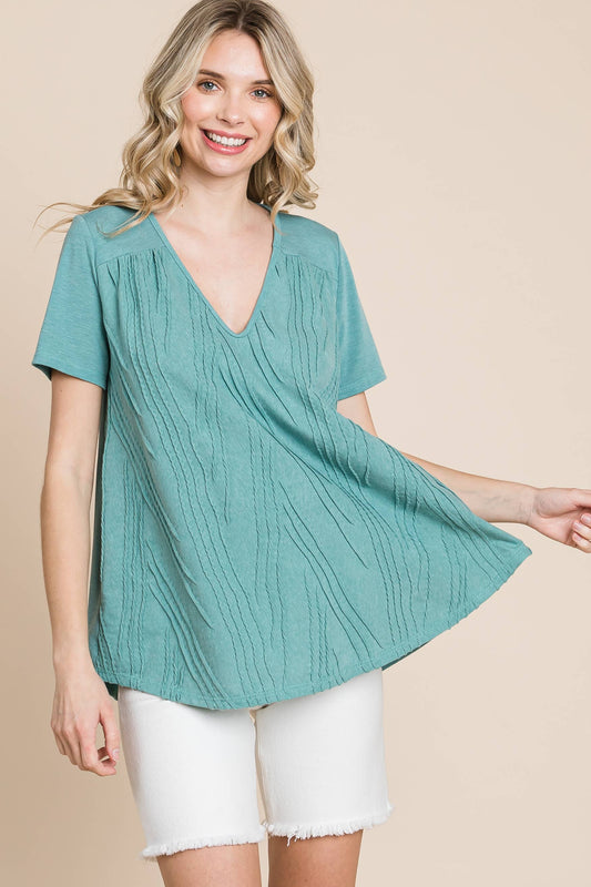 Curvy Short Sleeve V-neck Jacquard Top