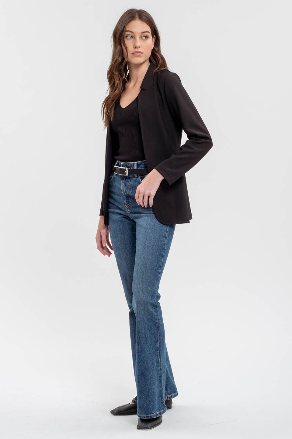 BLACK NOTCH COLLAR LONG LINE BLAZER