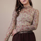 Fitted Sheer Mesh Lace Knit Top: CHAMPAGNE