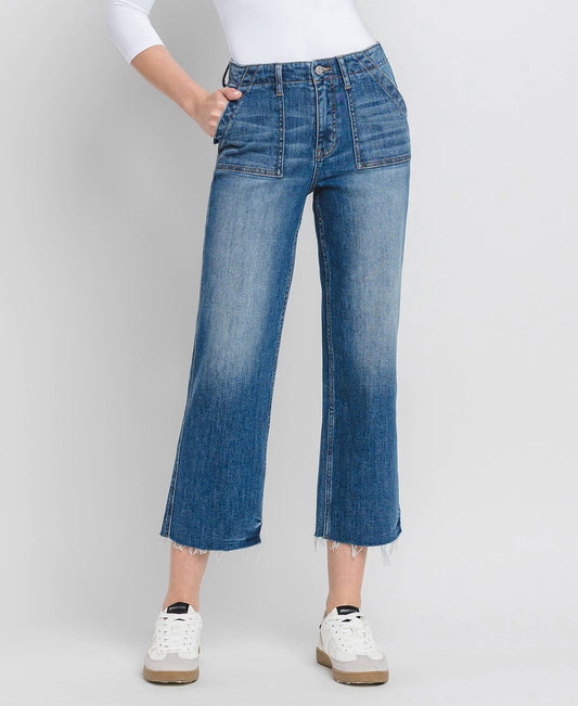 LV1355: HIGH RISE CROP UTILITY POCKET STRAIGHT JEANS