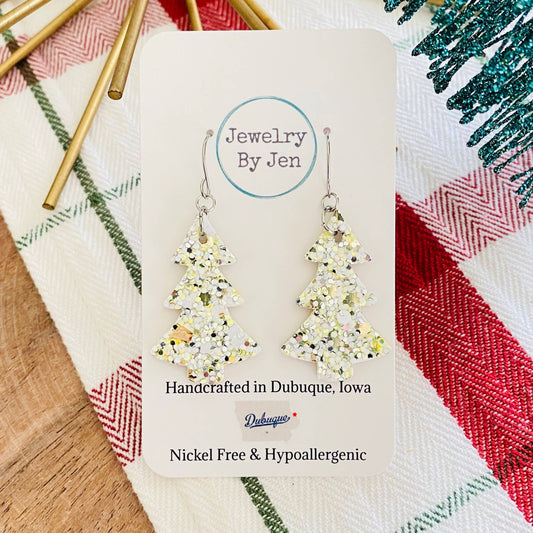 Christmas Tree Earrings: White & Gold Glitter