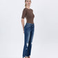 LV1163: MID-RISE DESTROYED HEM CROP KICK FLARE JEANS