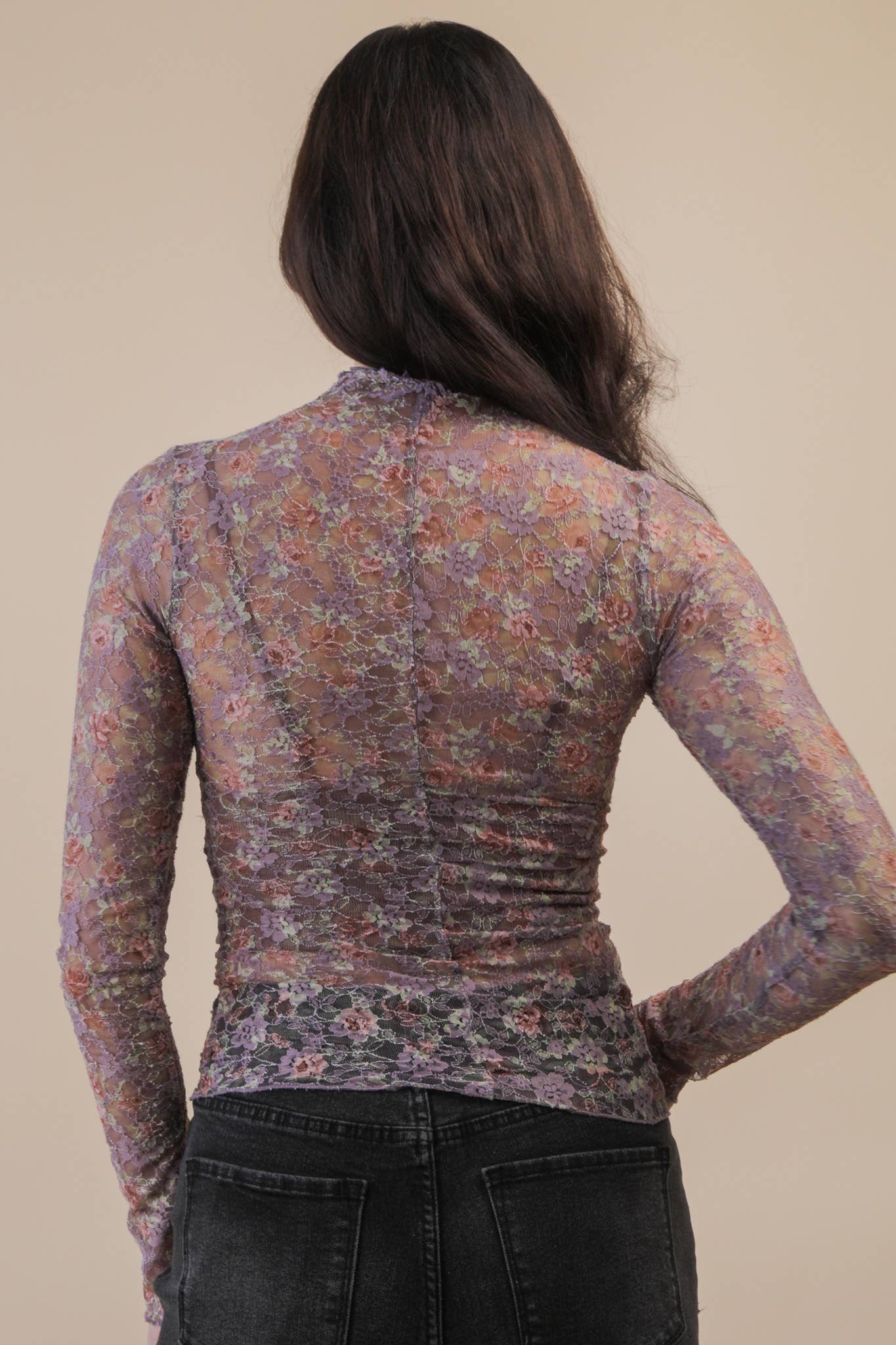 Fitted Sheer Mesh Lace Knit Top: CHAMPAGNE