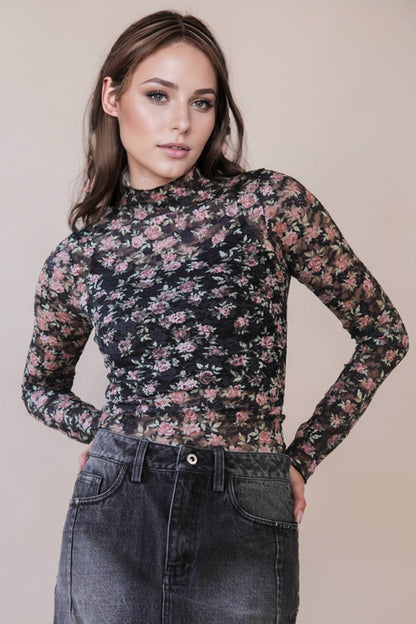 Fitted Floral Mesh Lace Top