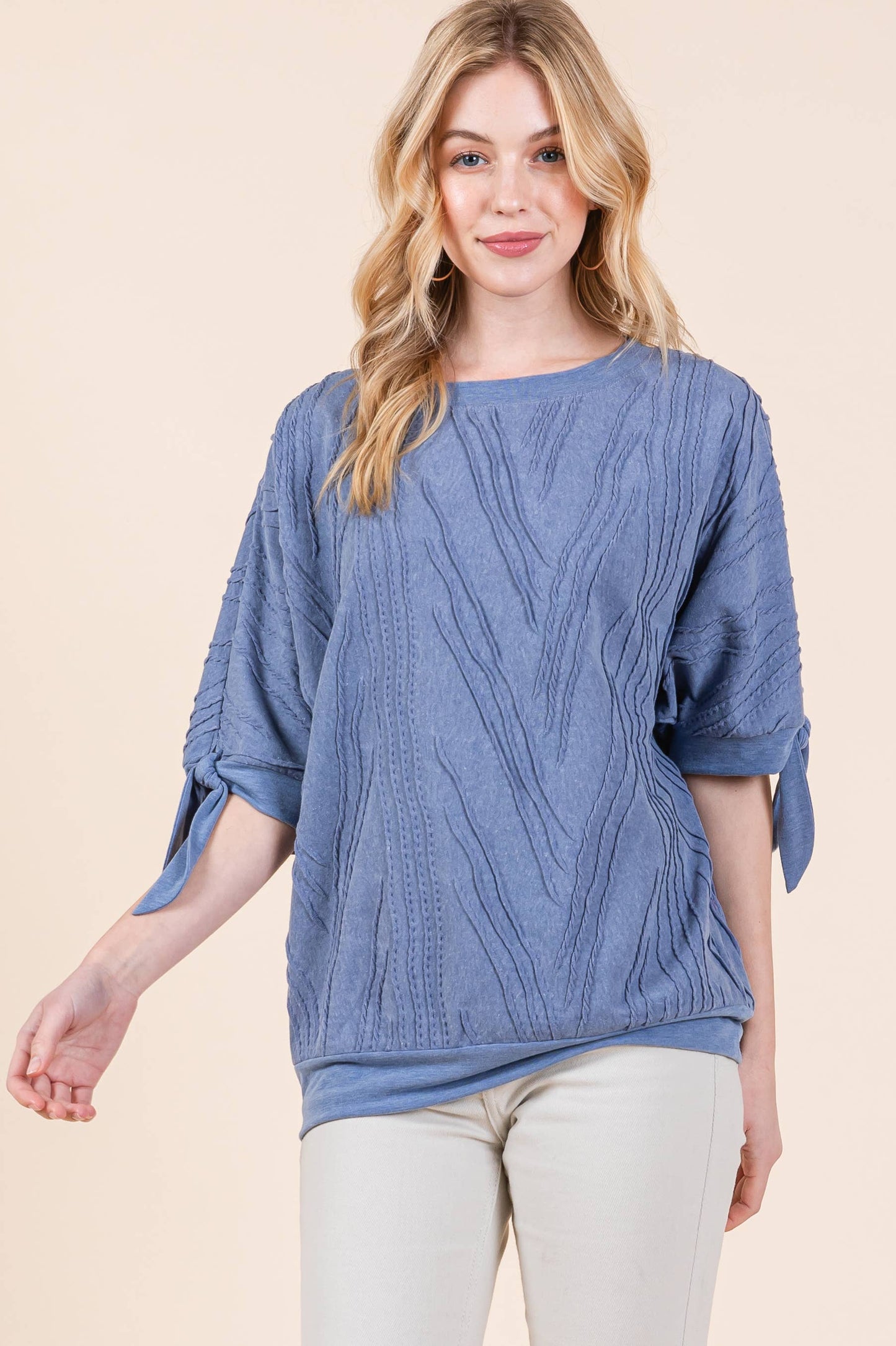 Curvy Tie Sleeve Jacquard Top