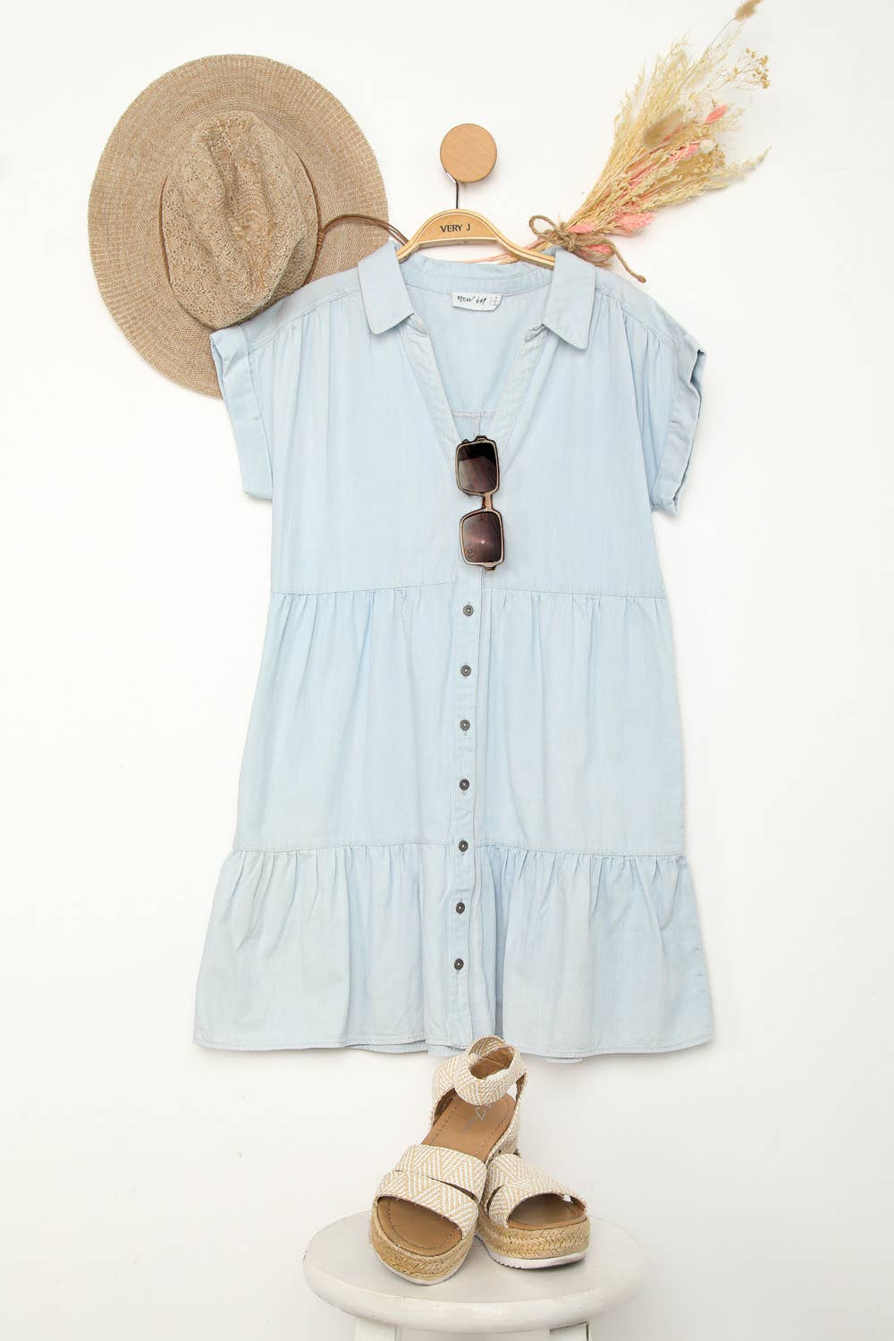 Denim Shirt Tiered Mini Dress